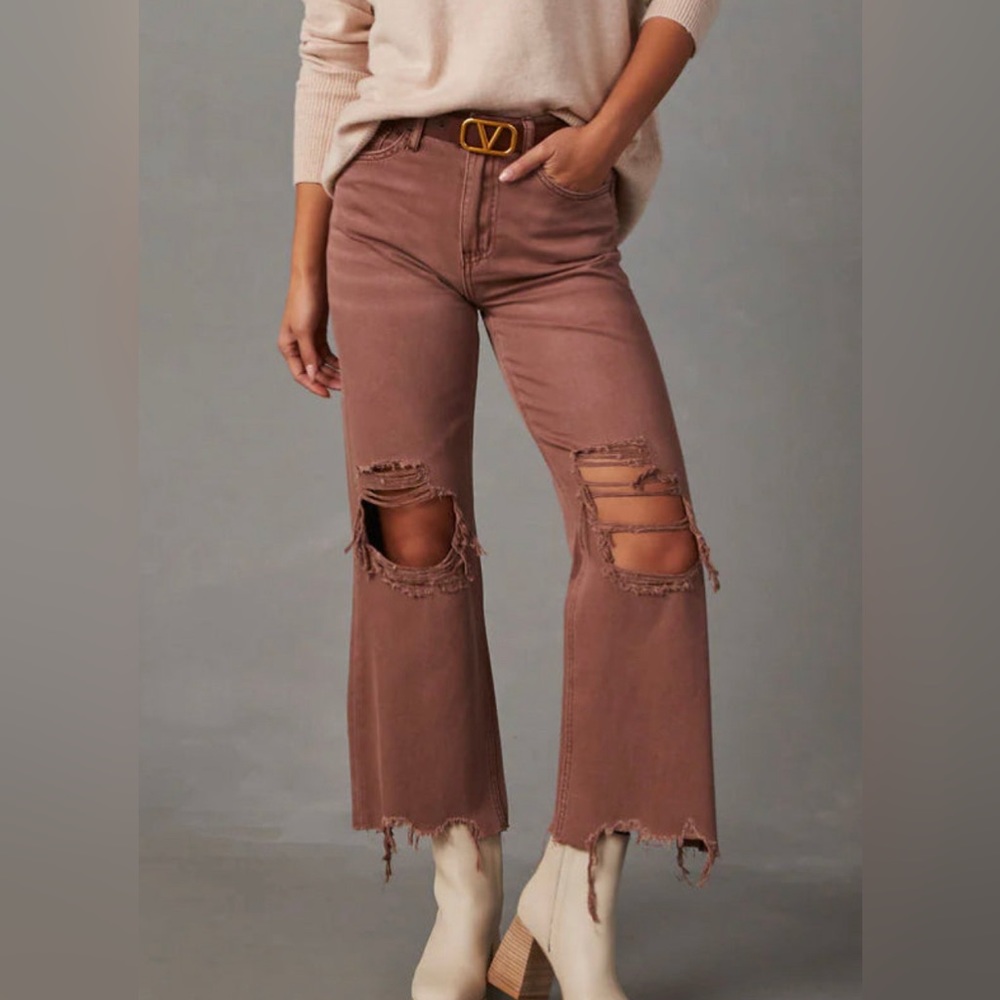 NWT Vervet by Flying Monkey Mauve Cropped Distressed Flare Denim Jeans - Picture 2 of 6